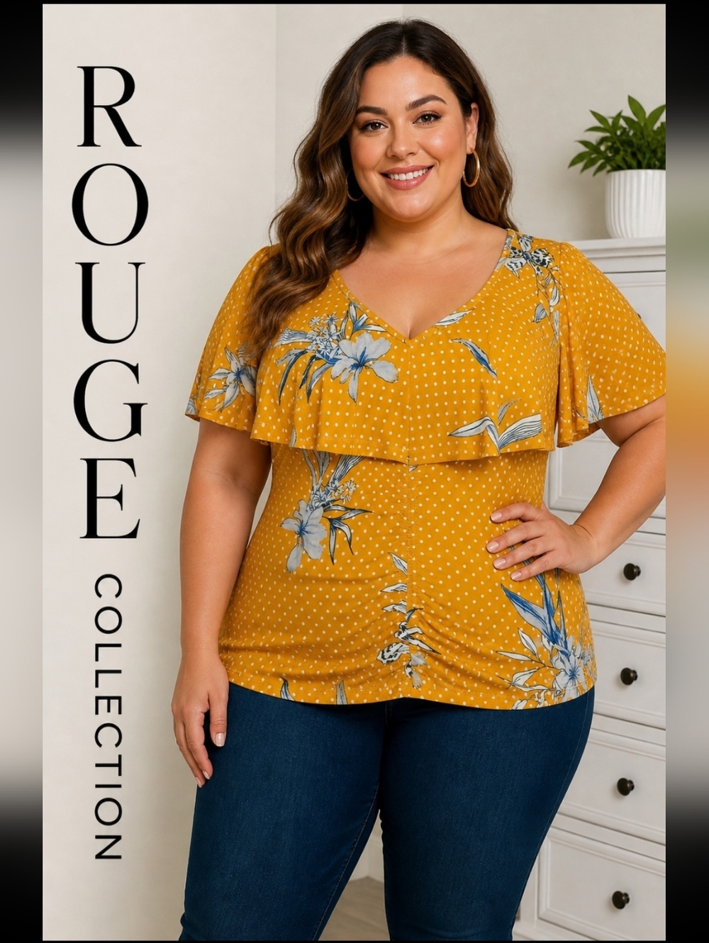 NWT ROUGE COLLECTION Womens 2X/1X Peasant Boho Polka Dot Floral Overlay Top Gold